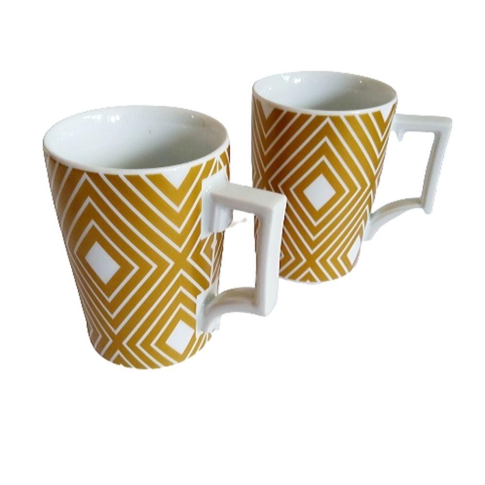 Pair Of Starbucks Coffee Tea Mugs, White And Gokd, Geometruc Pattern